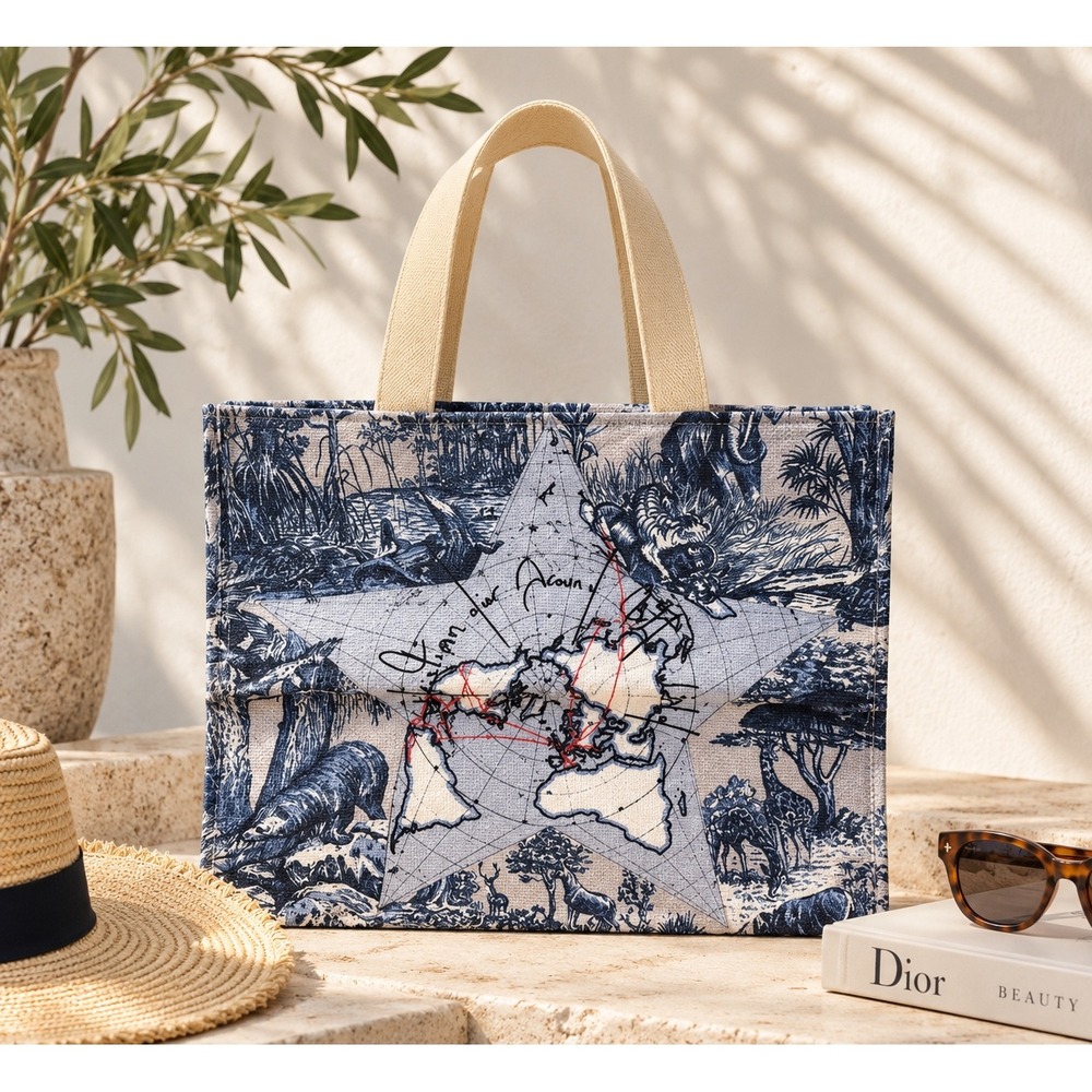 Dior Beauty Toile de Jouy Paper Straw Book Tote Bag Blue White Animal Print OS